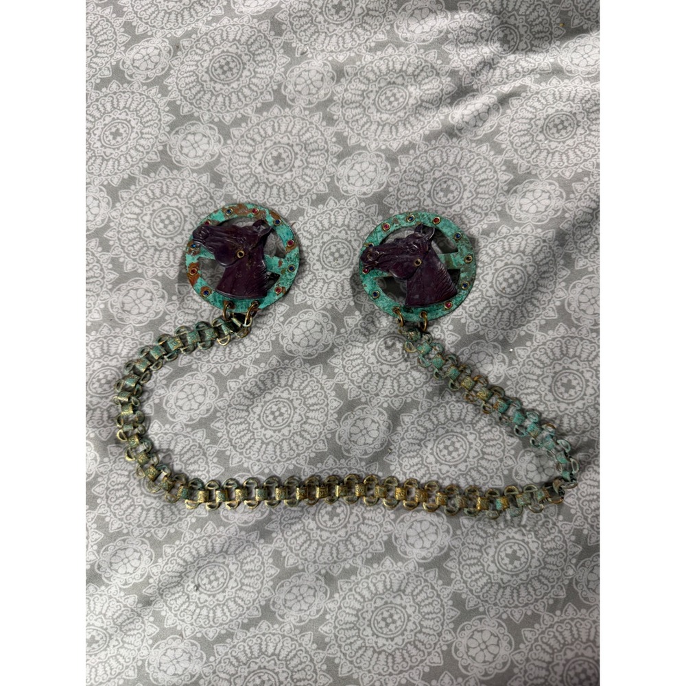 Unique Vintage Horse Head verdigris patina brass brooch with attach chain